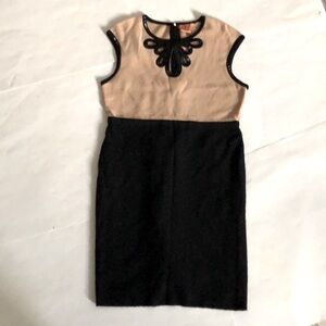 Tory Burch L Dress Black Tan Wool Soft Stretchy Bead Trim Cut out Zip Excellent